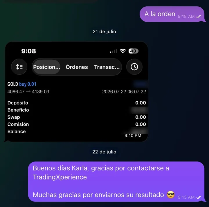 Karla comparte su operación de GOLD en el chat de soporte