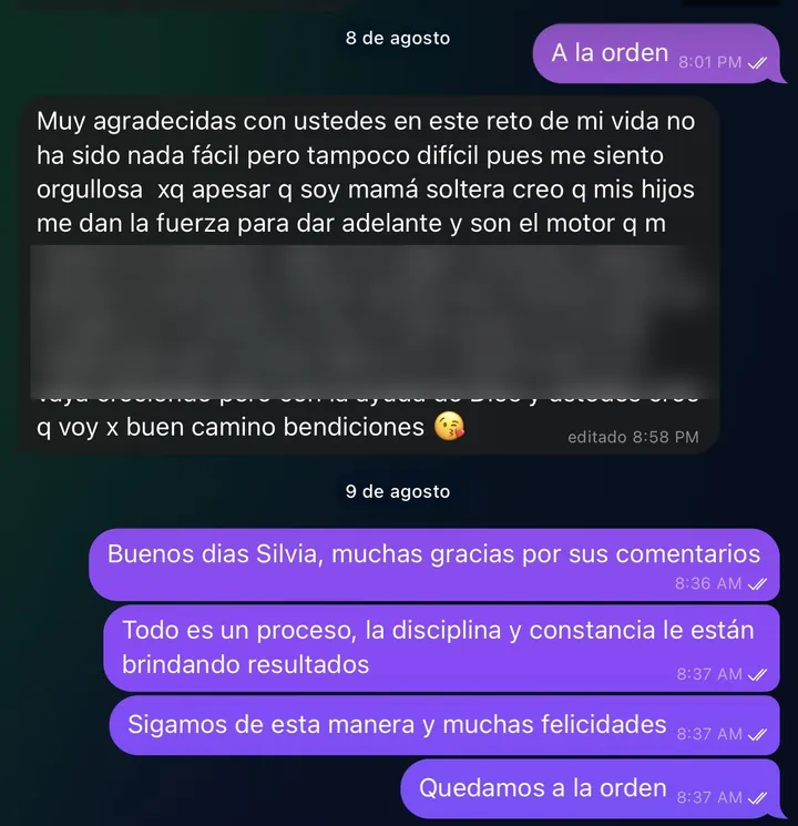 Mensaje de Silvia en el chat de soporte